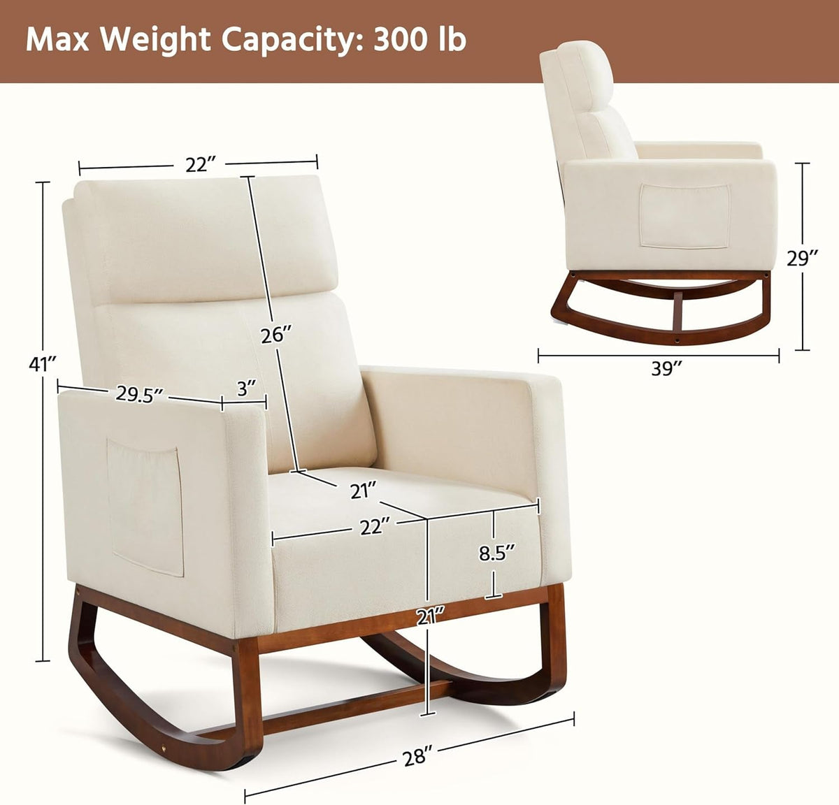 Rocking Recliner Chair With Side Pocket And Adjustable