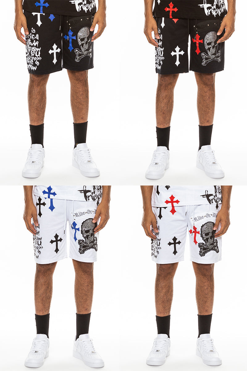 Bejewelled Chrome Skull Shorts EMS4107