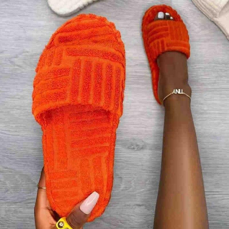 Flat Furry Women Slides Thick Sole Open Toe Slippers