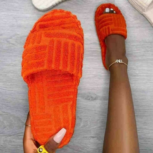 Flat Furry Women Slides Thick Sole Open Toe Slippers