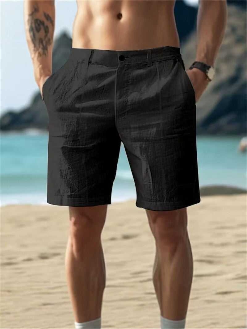 Men's Summer Cotton and Linen Shorts, Solid Color Casual Beach Shorts,