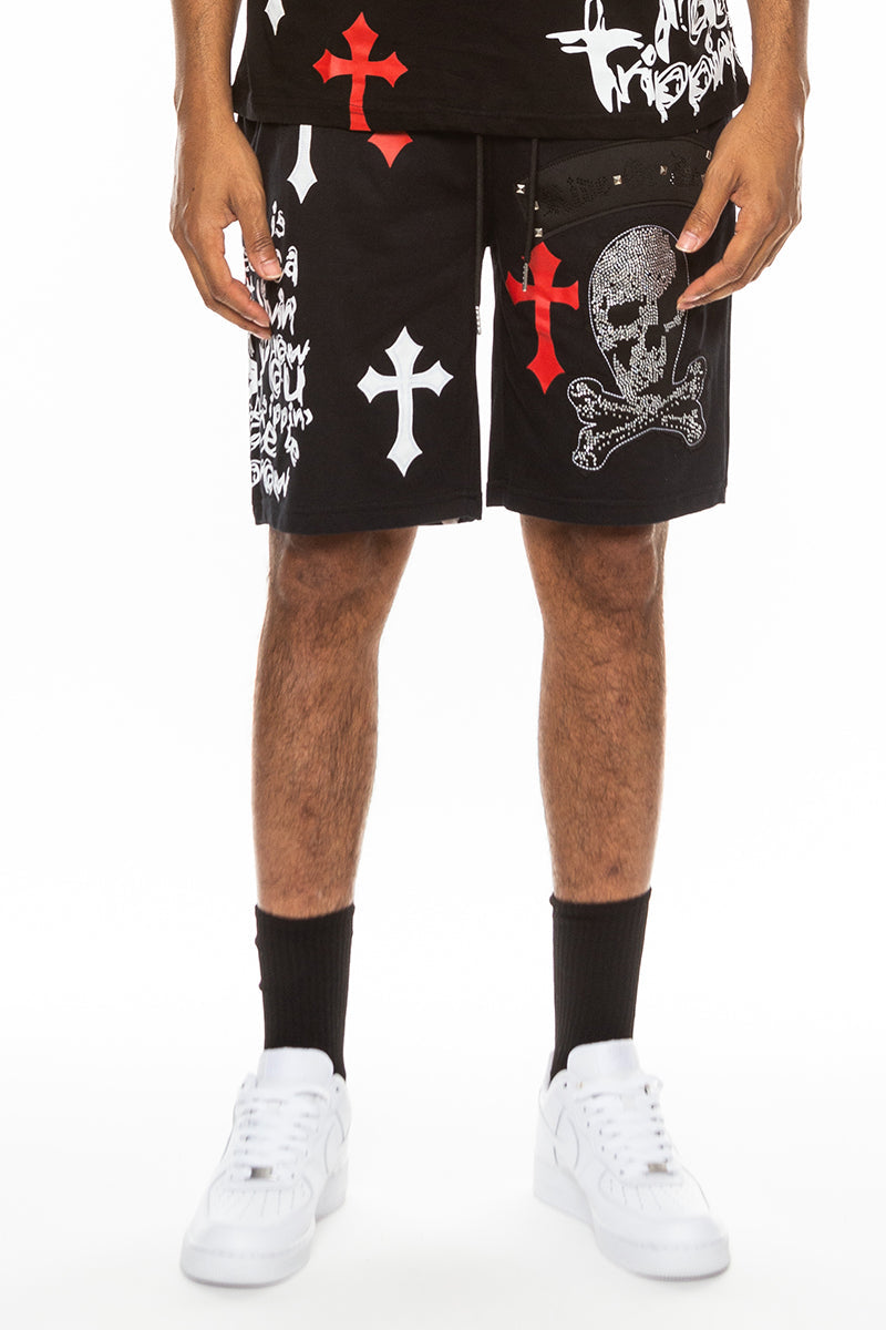 Bejewelled Chrome Skull Shorts EMS4107