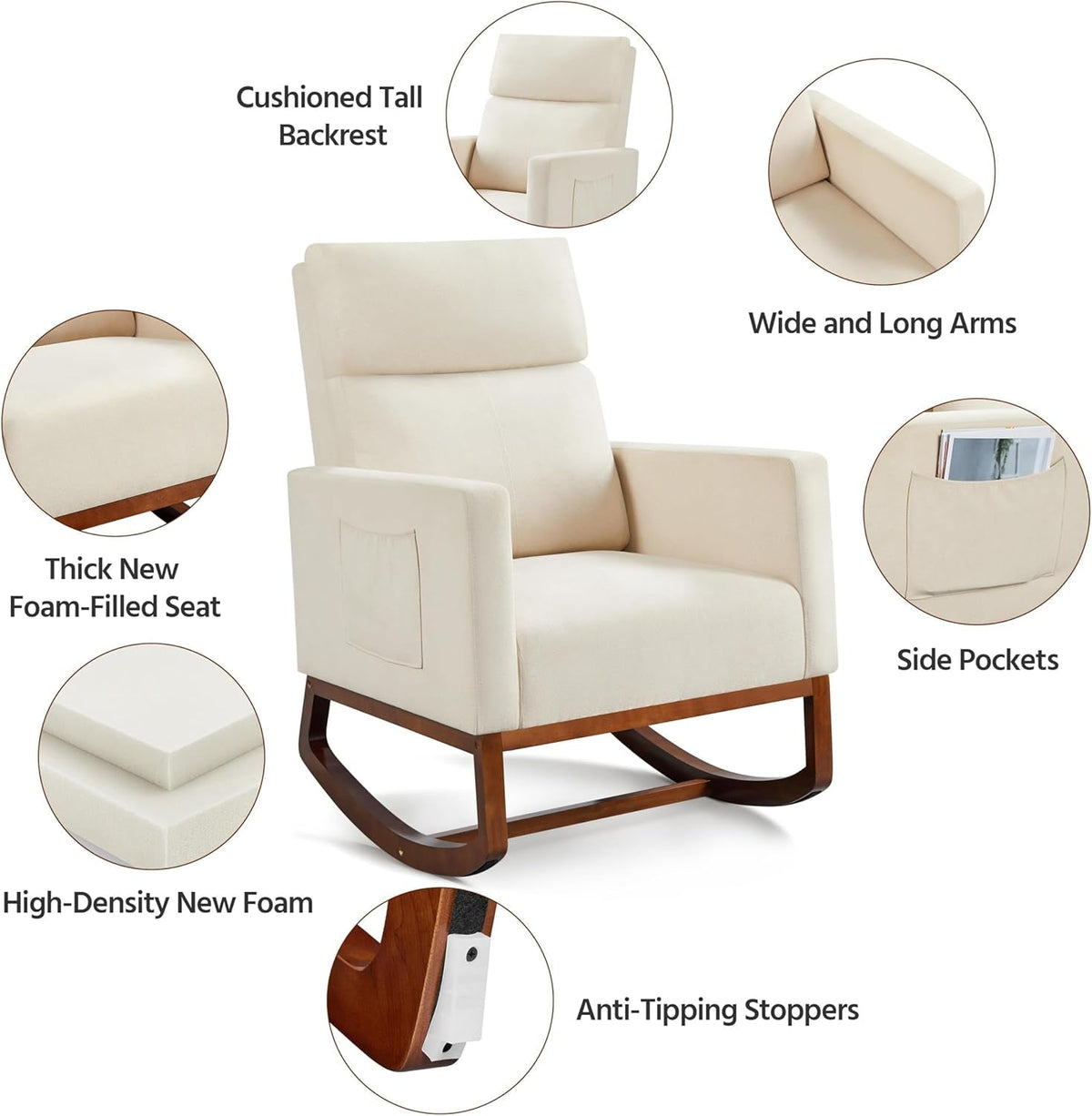 Rocking Recliner Chair With Side Pocket And Adjustable