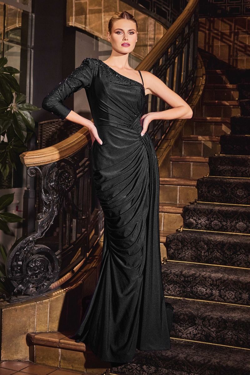 Elegant One-Shoulder Draped Satin Gown with Side Slit – Black, Emerald, Navy