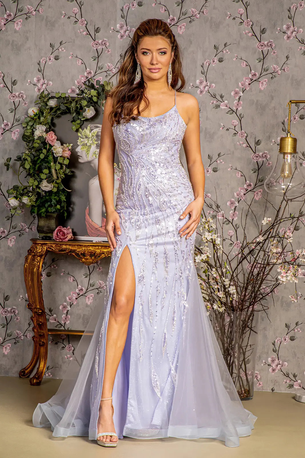 Sparkling Rhinestones Embellished Mesh Gown w/ Lace Up Back GLGL3382