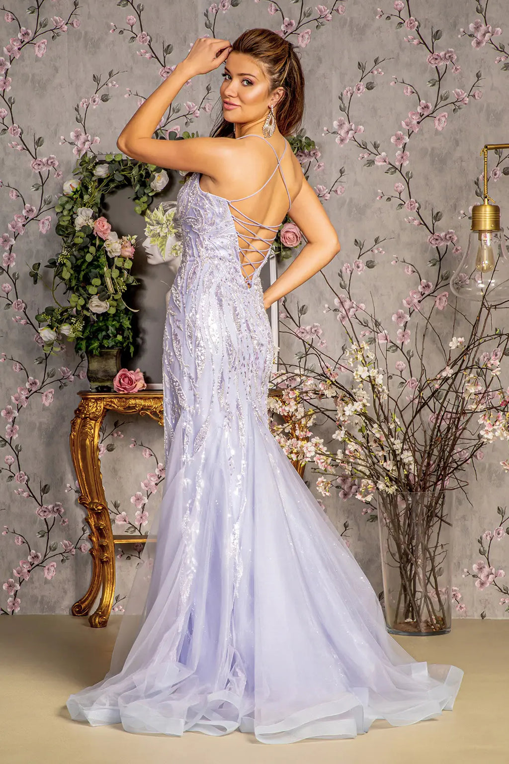 Sparkling Rhinestones Embellished Mesh Gown w/ Lace Up Back GLGL3382