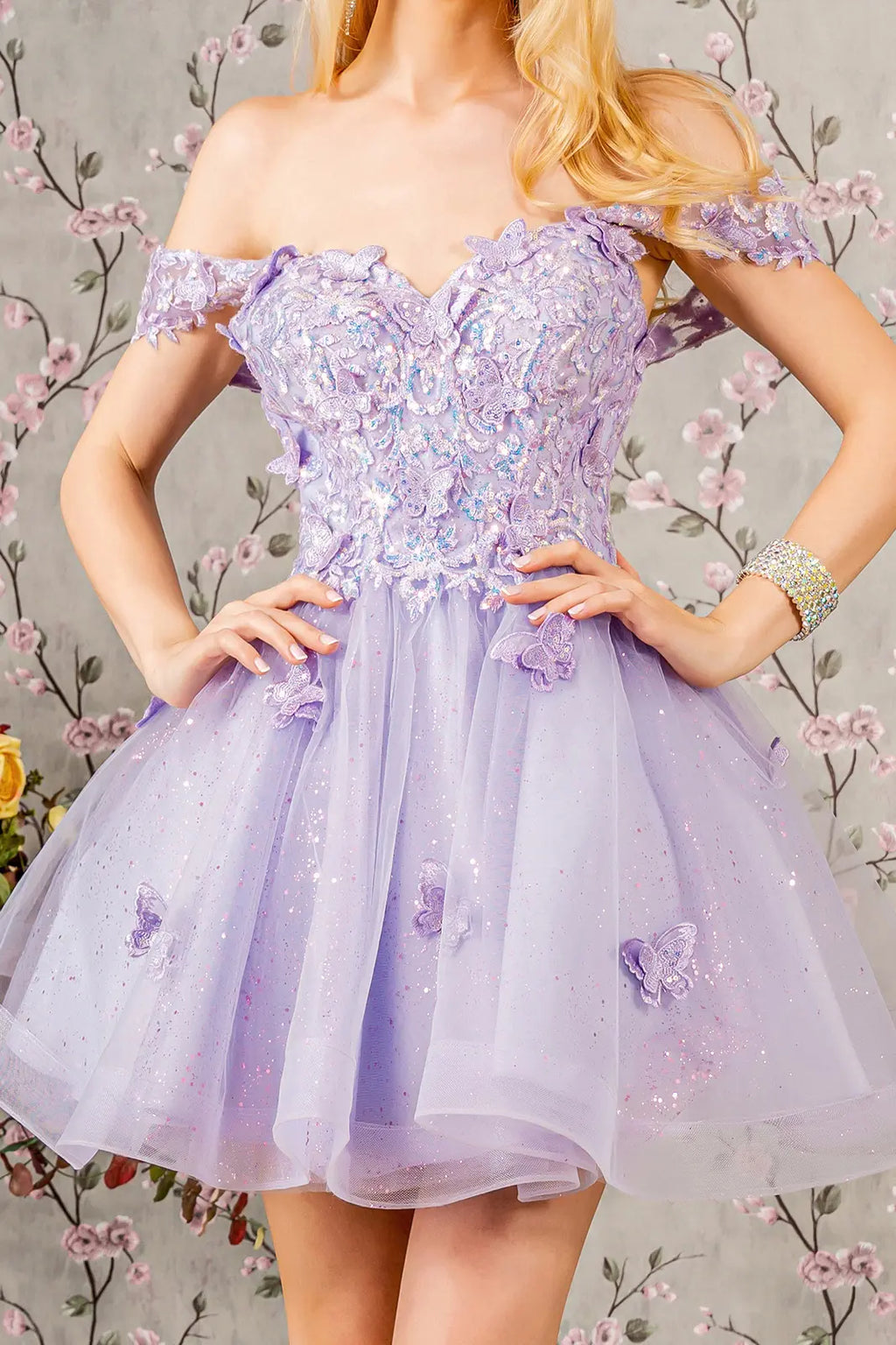 Butterfly applique sequin mesh babydoll dress w sheer straps GLGS3186