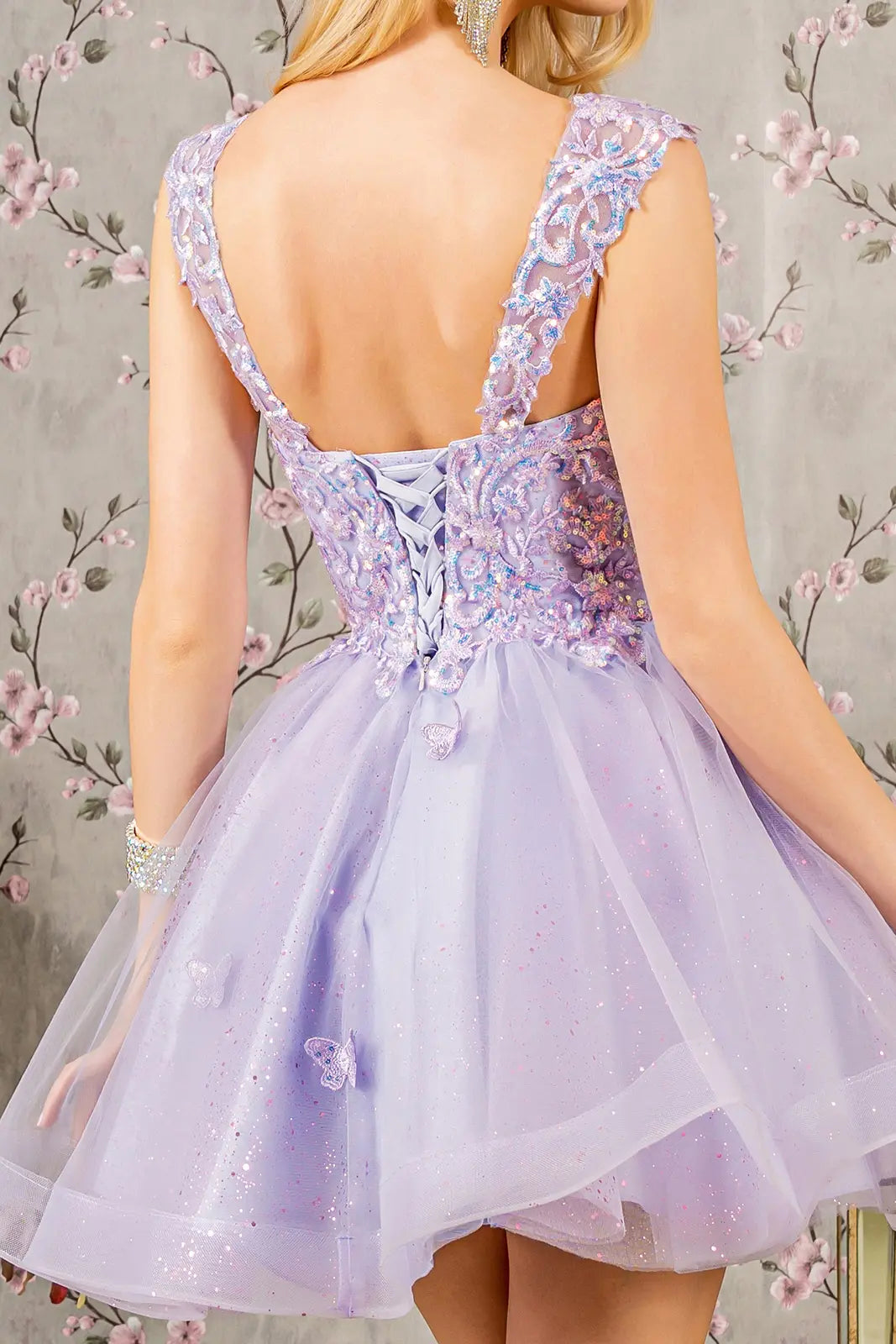 Butterfly applique sequin mesh babydoll dress w sheer straps GLGS3186