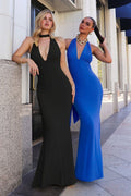 Sleeveless Solid Party Gown w/ Halter Tie & Charming Deep V-Neckline CDT505